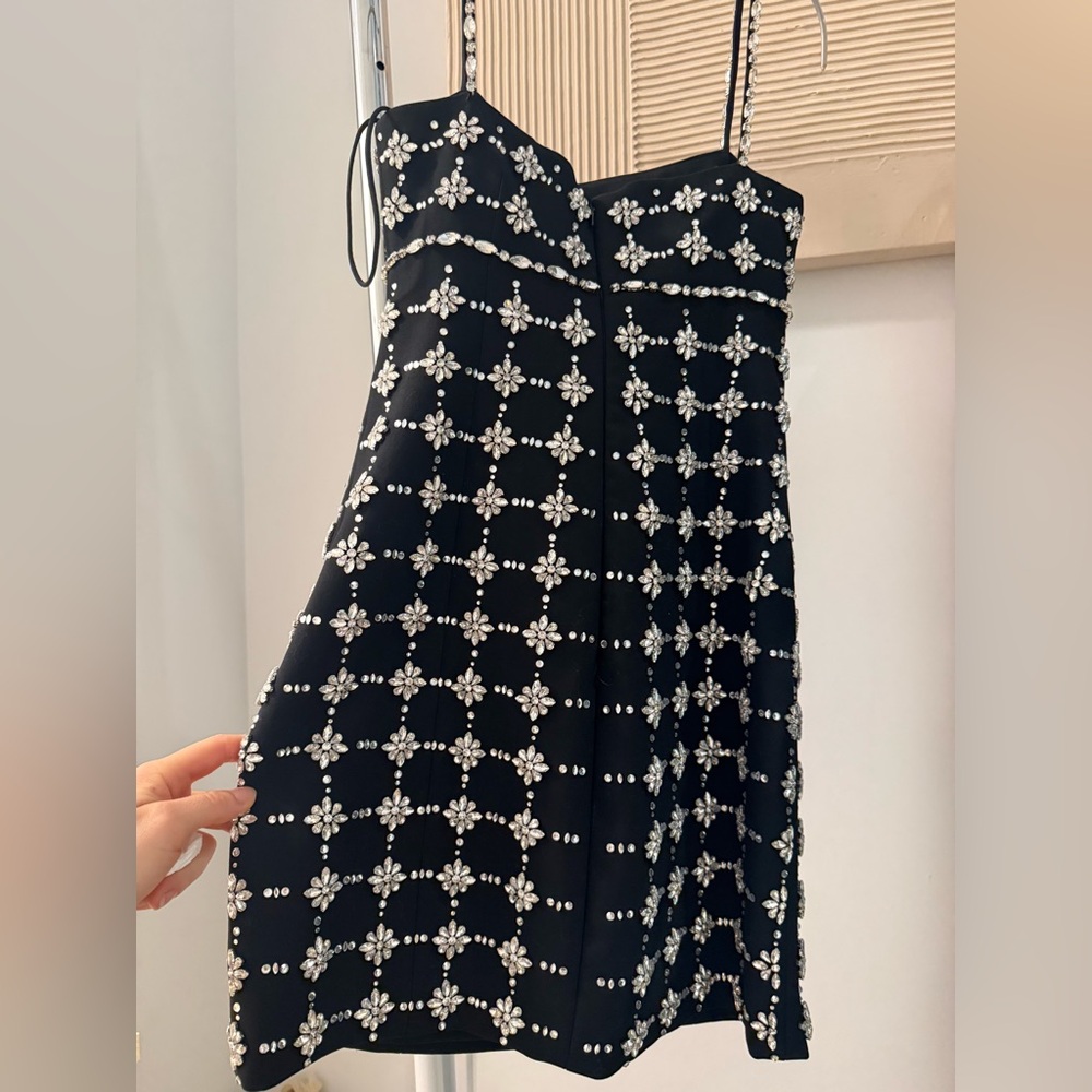 cinq a sept Black Mini Dress with White Beaded Floral Grid - Picture 2 of 4